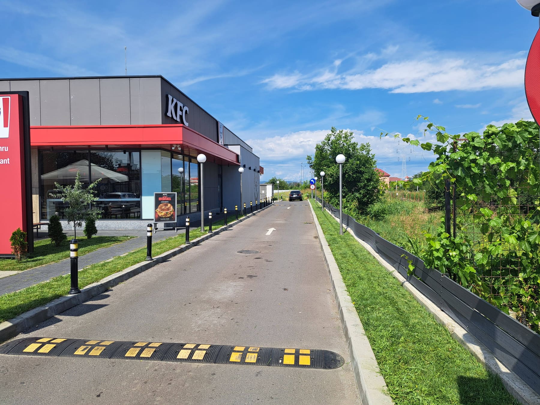 Spațiu verde amenajat în jurul unei clădiri comerciale