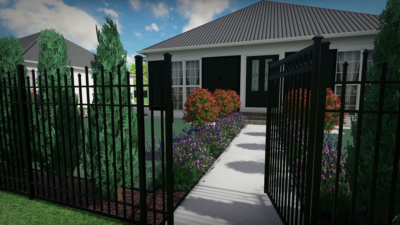 Randare 3D realizată de Floval Garden: alee spre casă, gard metalic negru, tuia, arbuști cu frunze roșii și lavandă